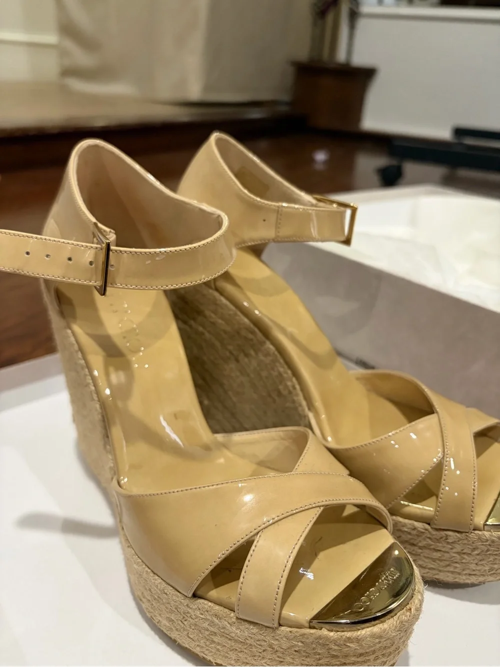 Jimmy Choo Beige Patent Espadrille Wedge Sandals
